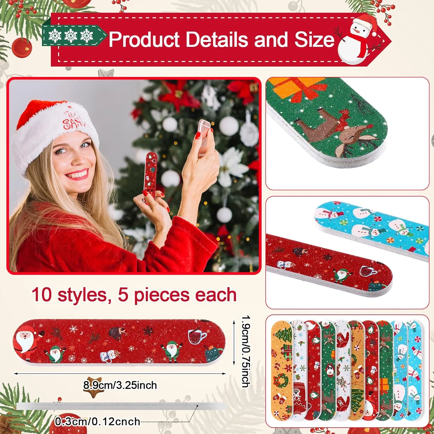 ۵۰ عدد سوهان ناخن با طرح کریسمس، هدیه ای برای خانم ها، سوهان دو طرفه، ابزار طراحی ناخن با طرح های منحصر به فرد جشن کریسمس، هدیه تولد و تعطیلات برای دوستان، خانواده و همکاران