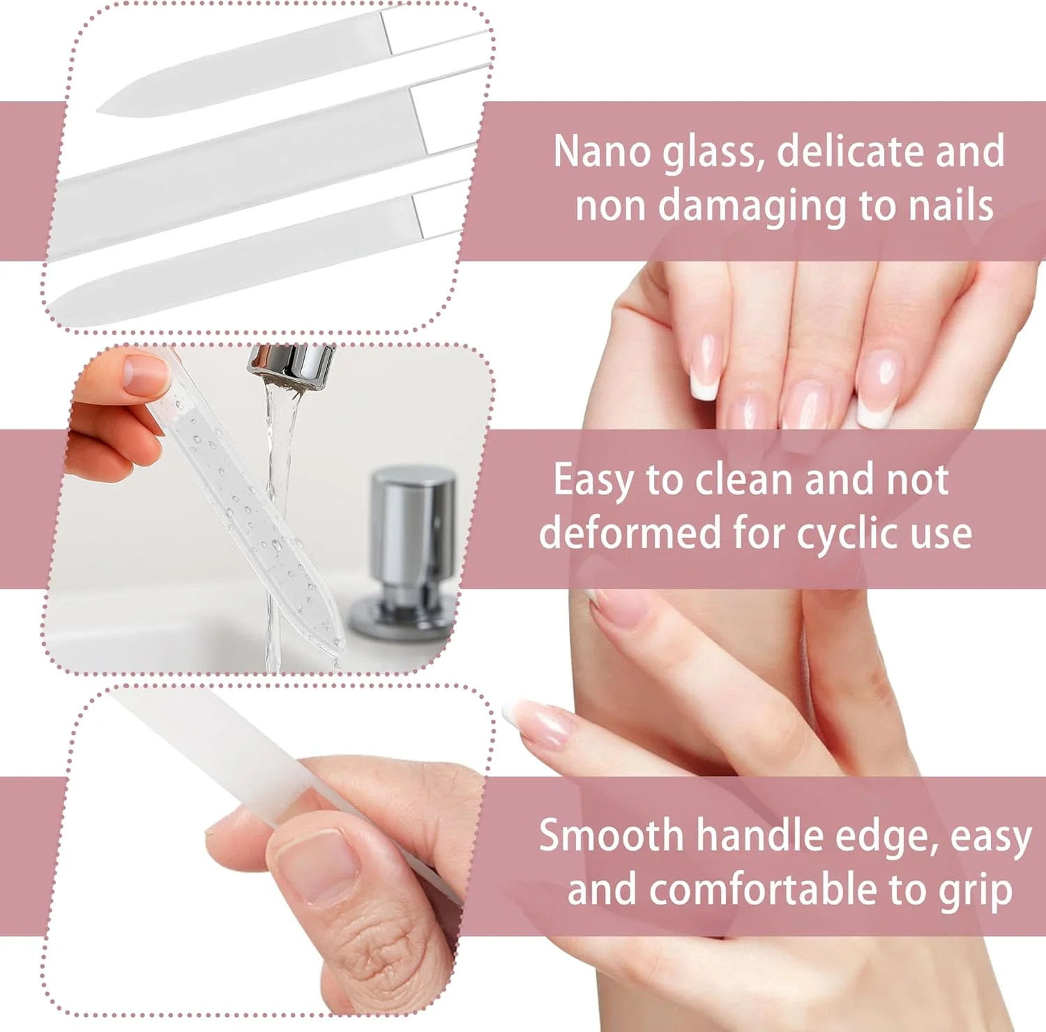 ست سوهان ناخن شیشه ای حرفه ای 3 عددی، سوهان ناخن کریستالی بادوام، سوهان ناخن دو طرفه قابل شستشو، ملایم و کارآمد برای ناخن های طبیعی