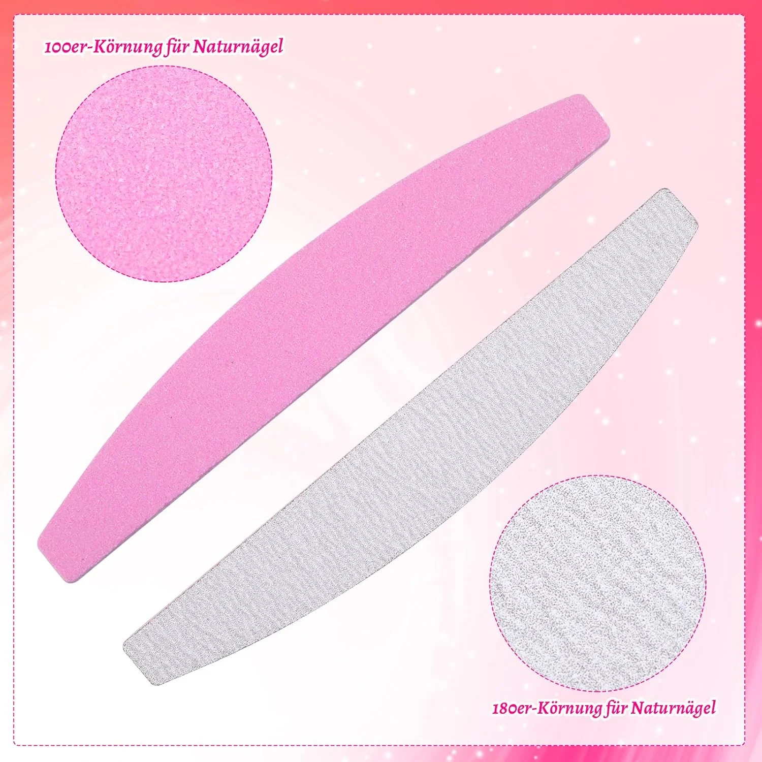 بسته 10 عددی سوهان ناخن، دو طرفه 100/180، بلوک سفید کننده ناخن (صورتی، 10 عدد، درجه زبری 100/180)