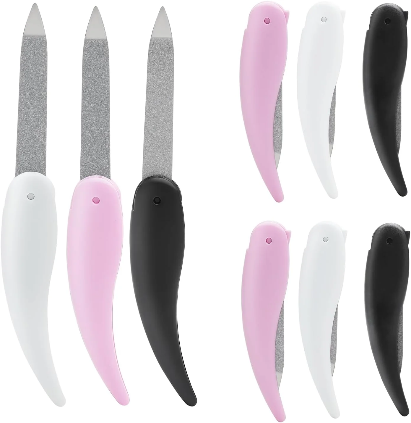 ست ۹ عددی سوهان ناخن تاشو، سوهان ناخن فلزی تاشو، سوهان جیبی مسافرتی کوچک دو طرفه، ابزار پولیش ناخن قابل حمل برای انگشتان دست و پا، مانیکور پدیکور، مشکی، صورتی، سفید