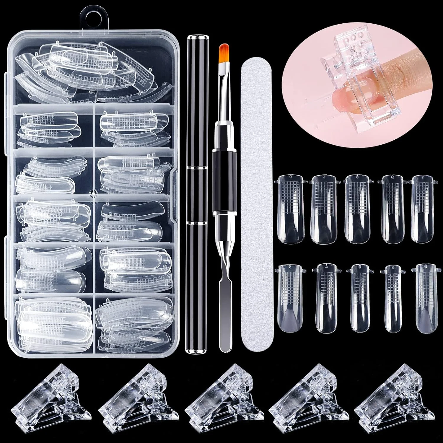 کیت ۱۰۰ عددی تیپ ناخن دوال سیستم شفاف با ۱۰ سایز، برس ژل، گیره و سوهان ناخن دو طرفه برای اکستنشن حرفه ای