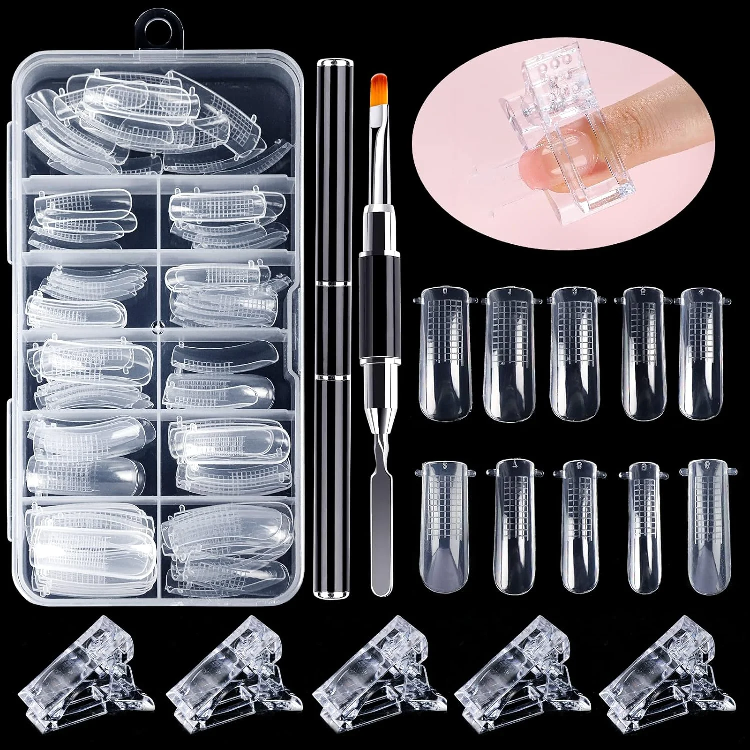 کیت ۱۰۰ عددی تیپ ناخن دوال سیستم شفاف با ۱۰ سایز، برس ژل، گیره و سوهان ناخن دو طرفه برای اکستنشن حرفه ای