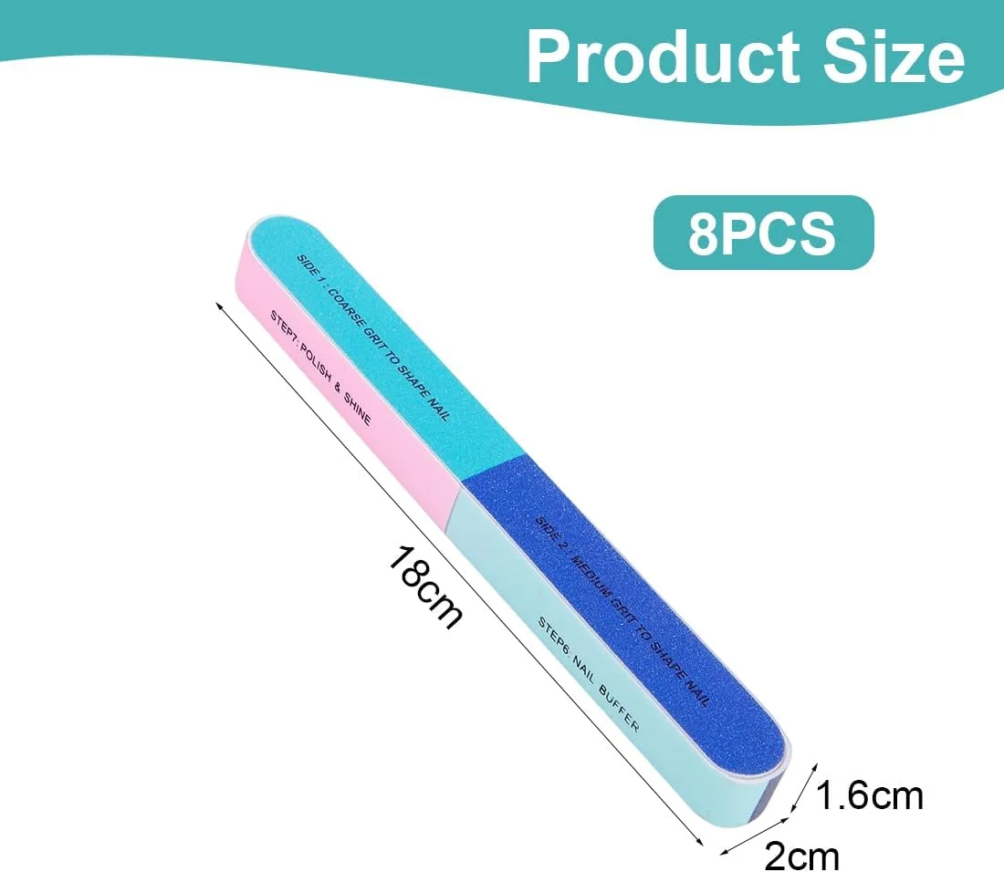 بسته 8 عددی سوهان و بافر چند منظوره و چند بعدی برای صیقل دادن ناخن های طبیعی و سالن های آرایشی (رنگی)