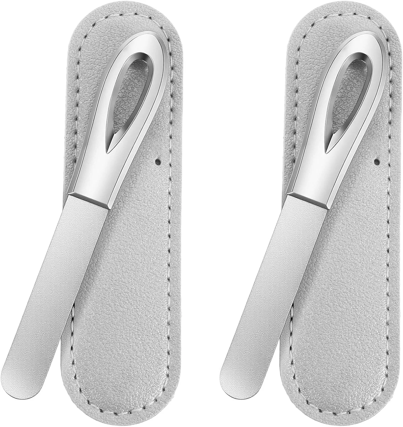 ست دو عددی سوهان ناخن فلزی با کیف چرمی، سوهان ناخن دو طرفه استیل ضد زنگ با نوک گرد 3.6 اینچی برای ناخن های طبیعی و مصنوعی (نقره ای)