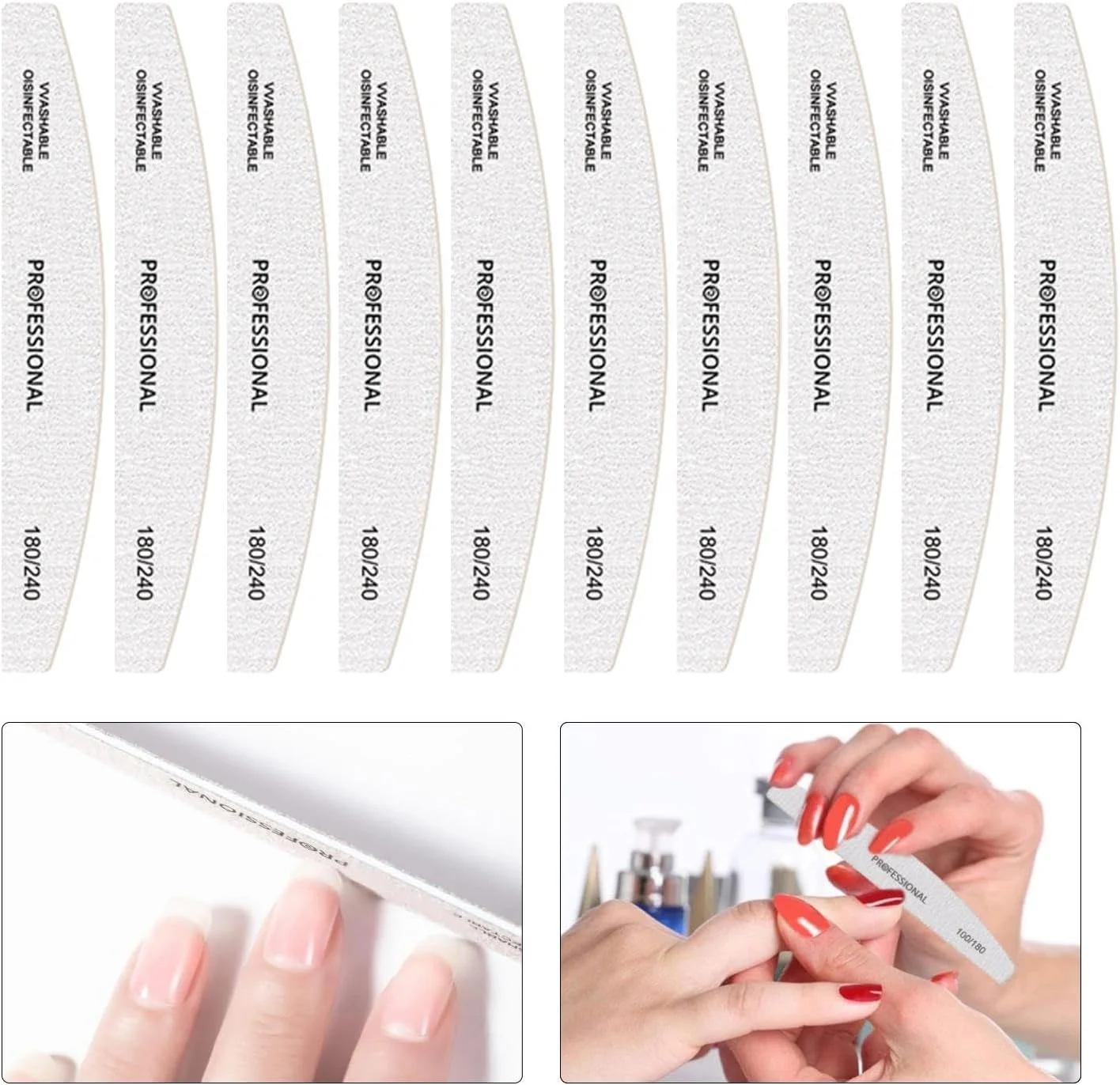 بسته ۱۰ عددی سوهان ناخن حرفه ای با درجه زبری ۱۰۰/۱۸۰، دو طرفه، مناسب مانیکور، پدیکور، ناخن های طبیعی و ژلی