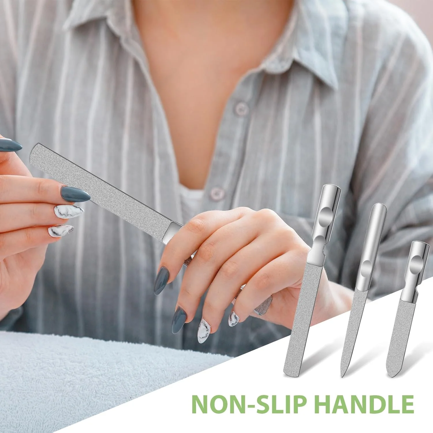 سوهان ناخن استیل ضد زنگ، قابل استفاده مجدد، سوهان ناخن دو طرفه فلزی، ابزار بادوام مسافرتی برای مانیکور و پدیکور با کیف چرمی، مناسب برای آقایان، بانوان، منزل و سالن