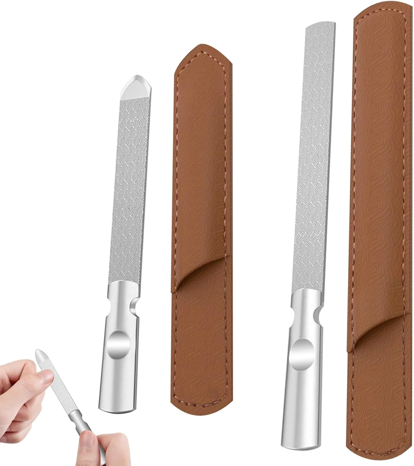 ست دو عددی سوهان ناخن حرفه ای استیل ضد زنگ با کیف چرمی، سوهان ناخن فلزی دو طرفه قابل حمل با دسته ضد لغزش، سوهان ناخن بادوام برای ناخن های طبیعی، مناسب برای استفاده در خانه یا مسافرت