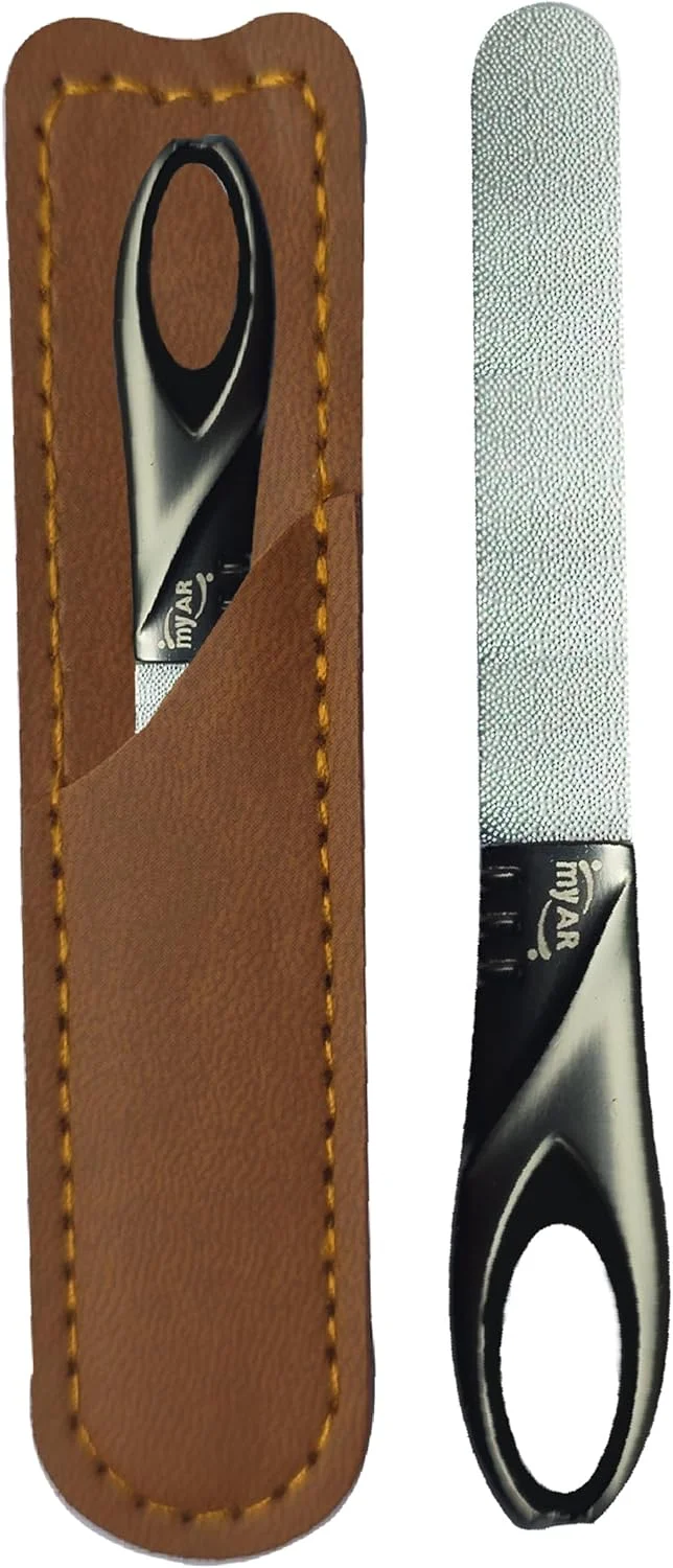 سوهان ناخن فلزی ممتاز یک تکه استیل بسته بندی شده در چرم PU - لوازم جانبی بادوام و قابل استفاده مجدد دو طرفه برای مراقبت از ناخن - دسته ارگونومیک