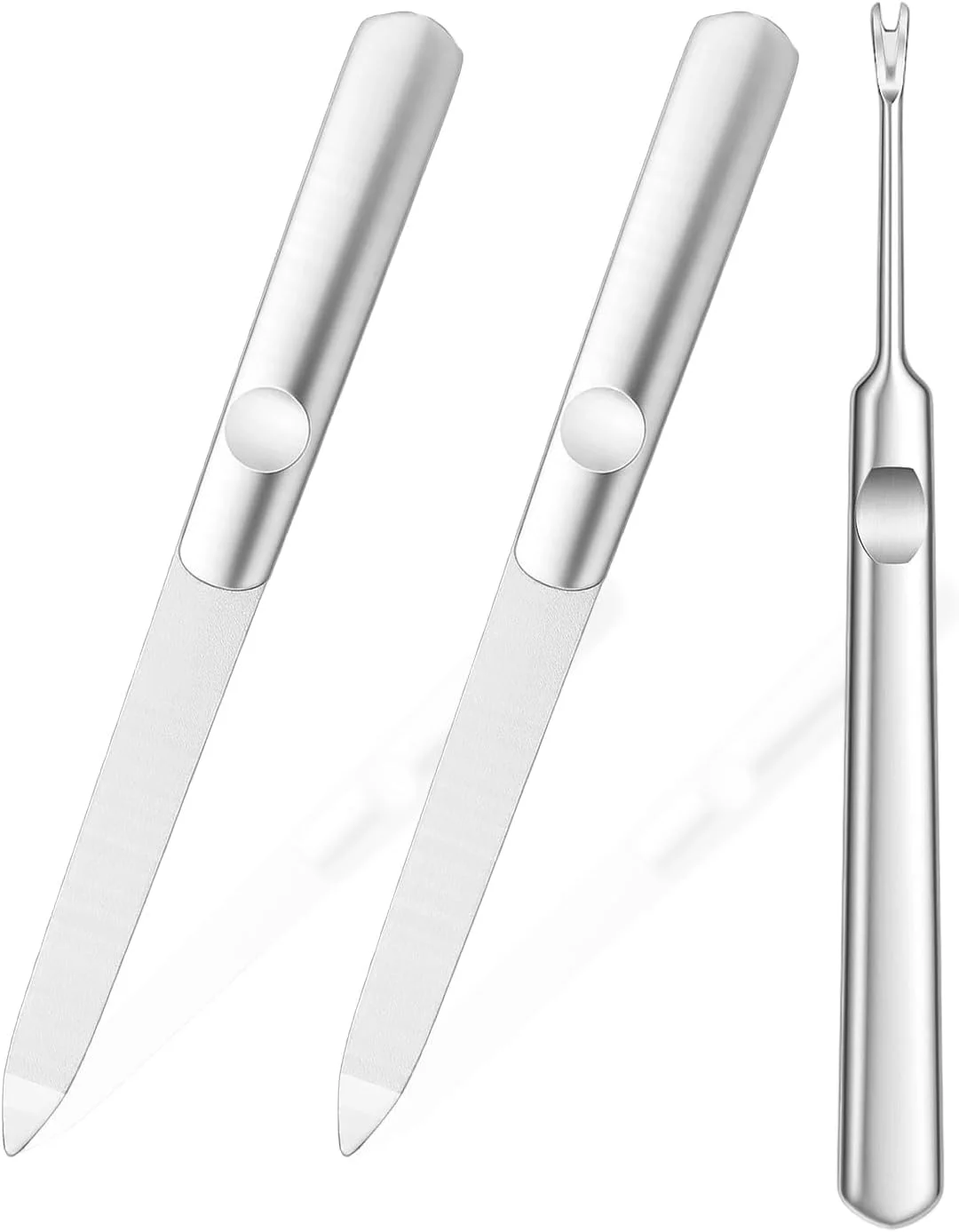 ست ۳ عددی سوهان ناخن فلزی، ۲ عدد سوهان ناخن استیل ضد زنگ و ۱ عدد عقب زننده کوتیکول، دانه بندی یاقوت کبود دو طرفه برای فرم دادن به ژل و ناخن های اکریلیک، مناسب برای استفاده در منزل و سالن، نقره ای