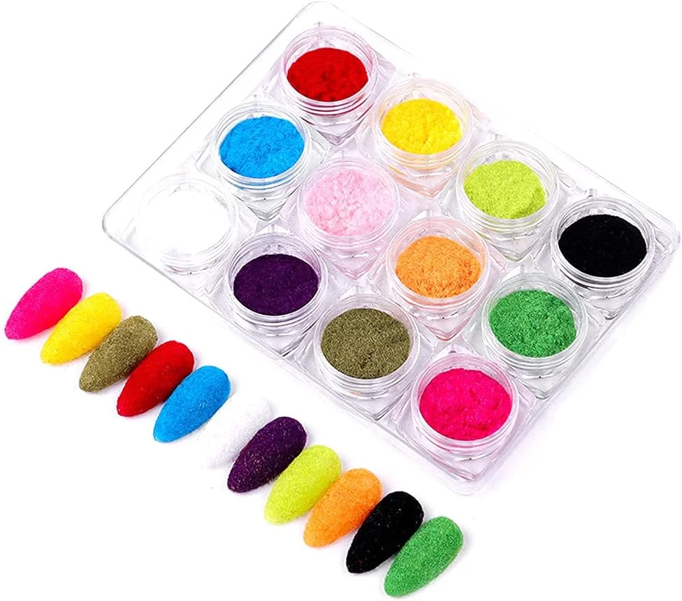 ست 12 رنگ پودر مخملی فلاک برای طراحی ناخن، مناسب برای استفاده حرفه ای و خانگی، کاربرد آسان روی ناخن های طبیعی یا مصنوعی، ماندگاری طولانی و خیره کننده
