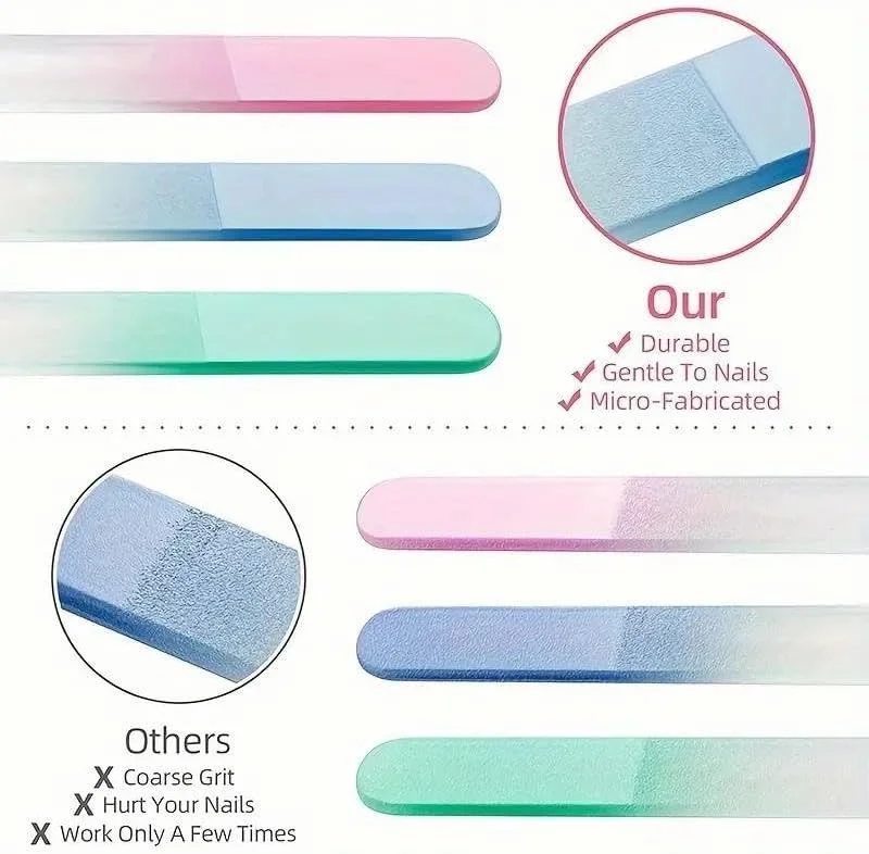 ست سوهان ناخن شیشه ای، 3 رنگ با قاب، سوهان کریستالی دو طرفه برای مراقبت حرفه ای از ناخن