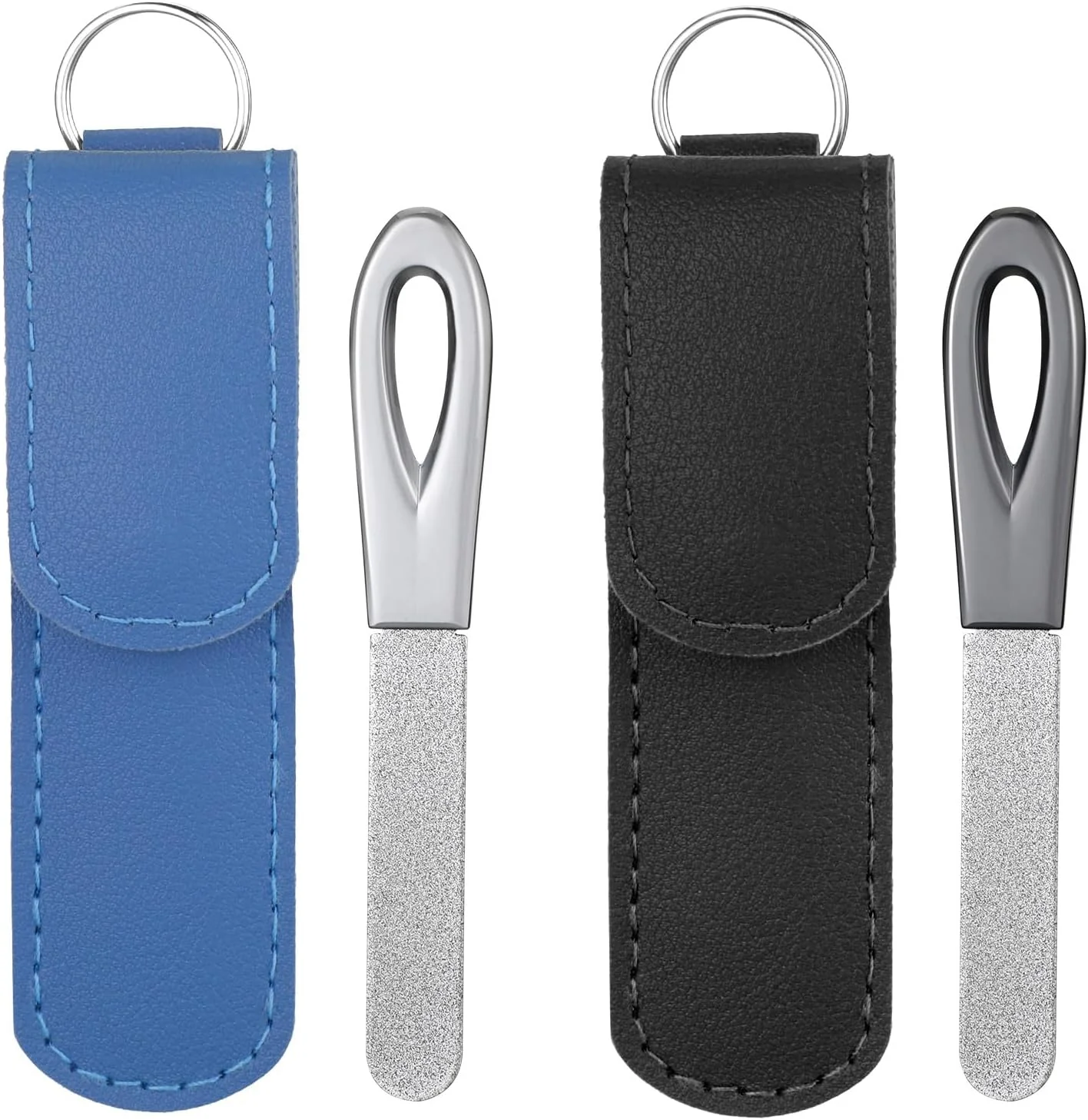 دو عدد سوهان ناخن فلزی به همراه کیف، سوهان ناخن سفری 9 سانتی‌متری با جاکلیدی برای ناخن‌های طبیعی، سوهان ناخن دو طرفه الماسه فلزی با کیف چرمی برای خانم‌ها و آقایان