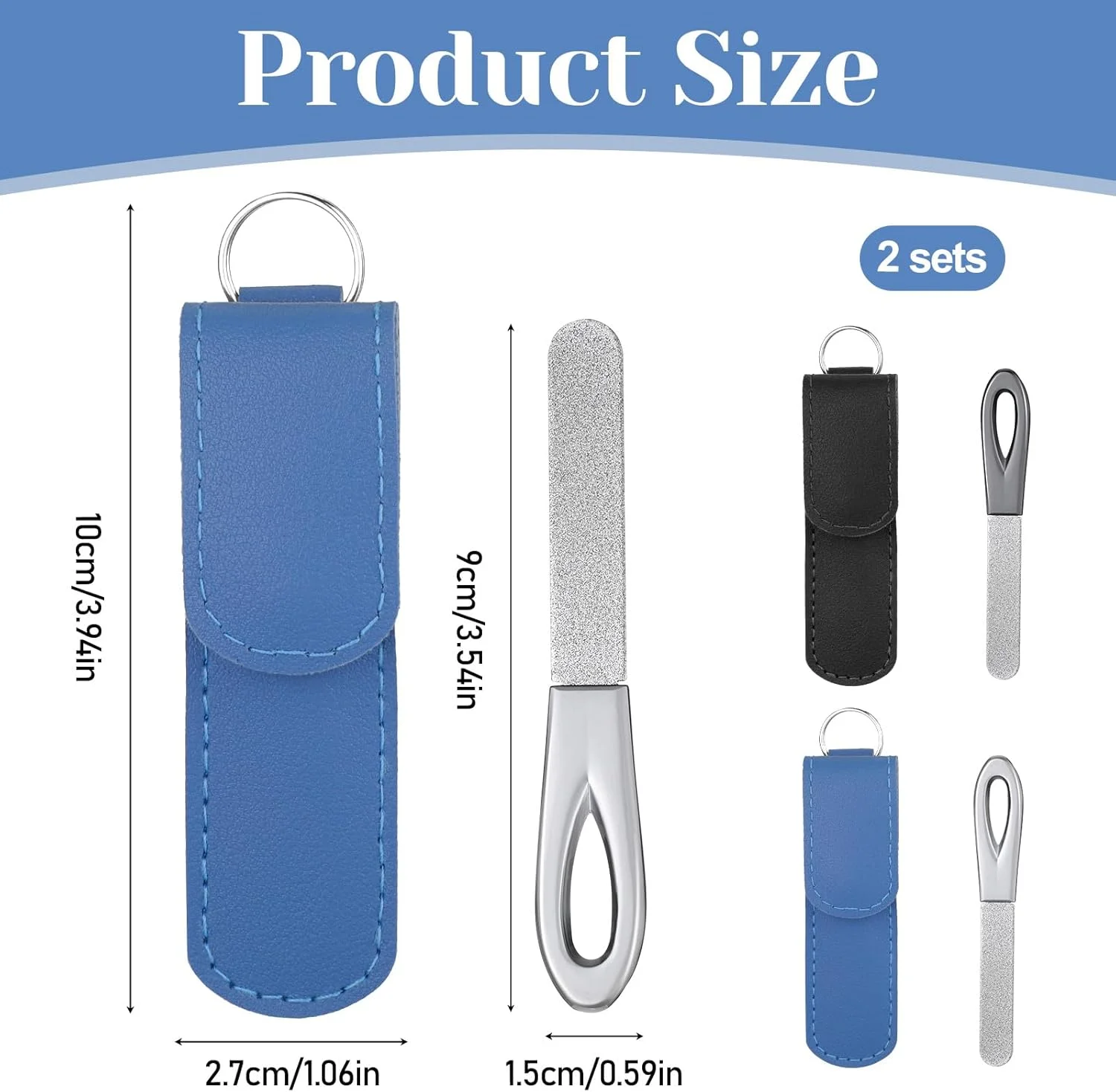 دو عدد سوهان ناخن فلزی به همراه کیف، سوهان ناخن سفری 9 سانتی‌متری با جاکلیدی برای ناخن‌های طبیعی، سوهان ناخن دو طرفه الماسه فلزی با کیف چرمی برای خانم‌ها و آقایان