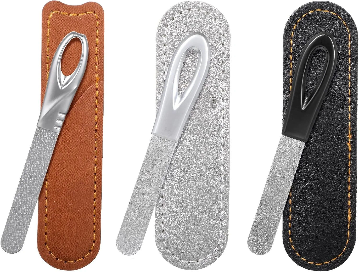 ست ۳ عددی سوهان ناخن فلزی استیل، ابزار مانیکور با دسته ضد لغزش، دو طرفه، نوک گرد و دارای کیف چرمی مناسب برای ناخن های طبیعی ضخیم آقایان و بانوان