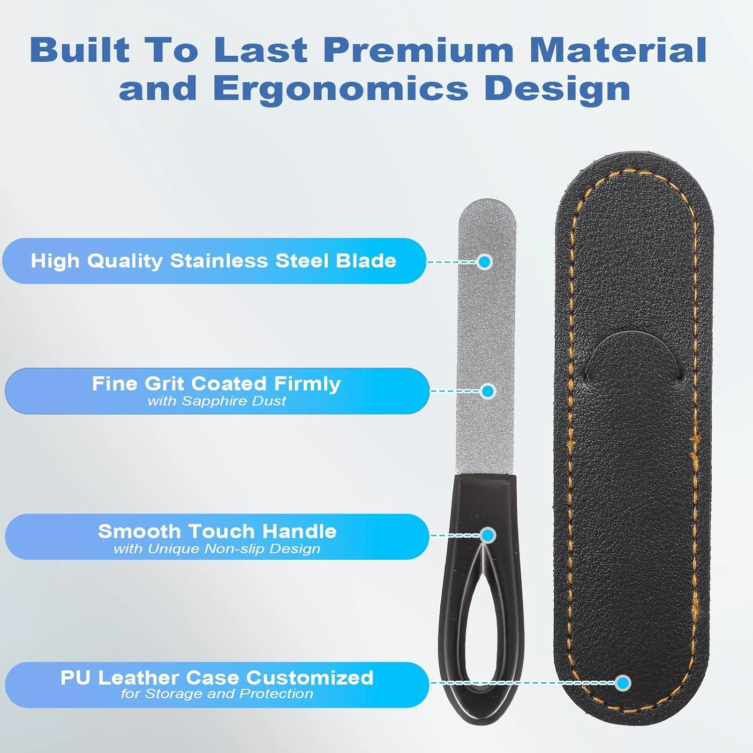 ست ۳ عددی سوهان ناخن فلزی استیل، ابزار مانیکور با دسته ضد لغزش، دو طرفه، نوک گرد و دارای کیف چرمی مناسب برای ناخن های طبیعی ضخیم آقایان و بانوان