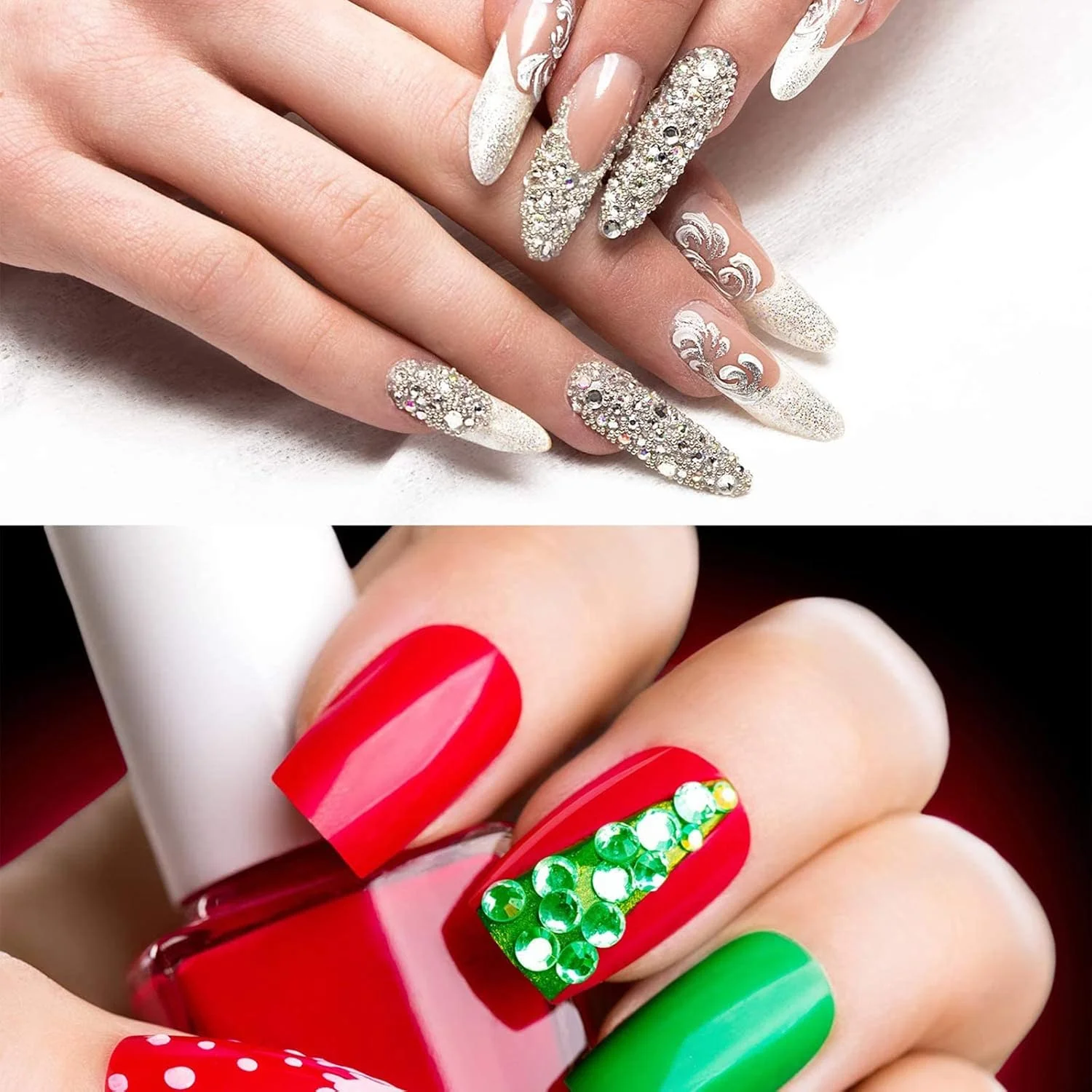 ست اکلیل ناخن با موچین و قلم مخصوص طراحی ناخن، ۹ جعبه نگین تخت و پولک برای تزئین ناخن