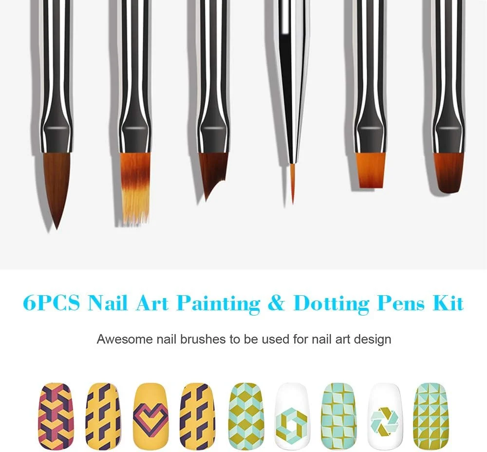 ست 6 عددی قلم طراحی ناخن با قلم نقطه گذاری دو طرفه، دسته اکریلیک برای ژل UV، تزئینات نگین و کریستال، کیت ابزار مناسب استفاده در سالن و منزل