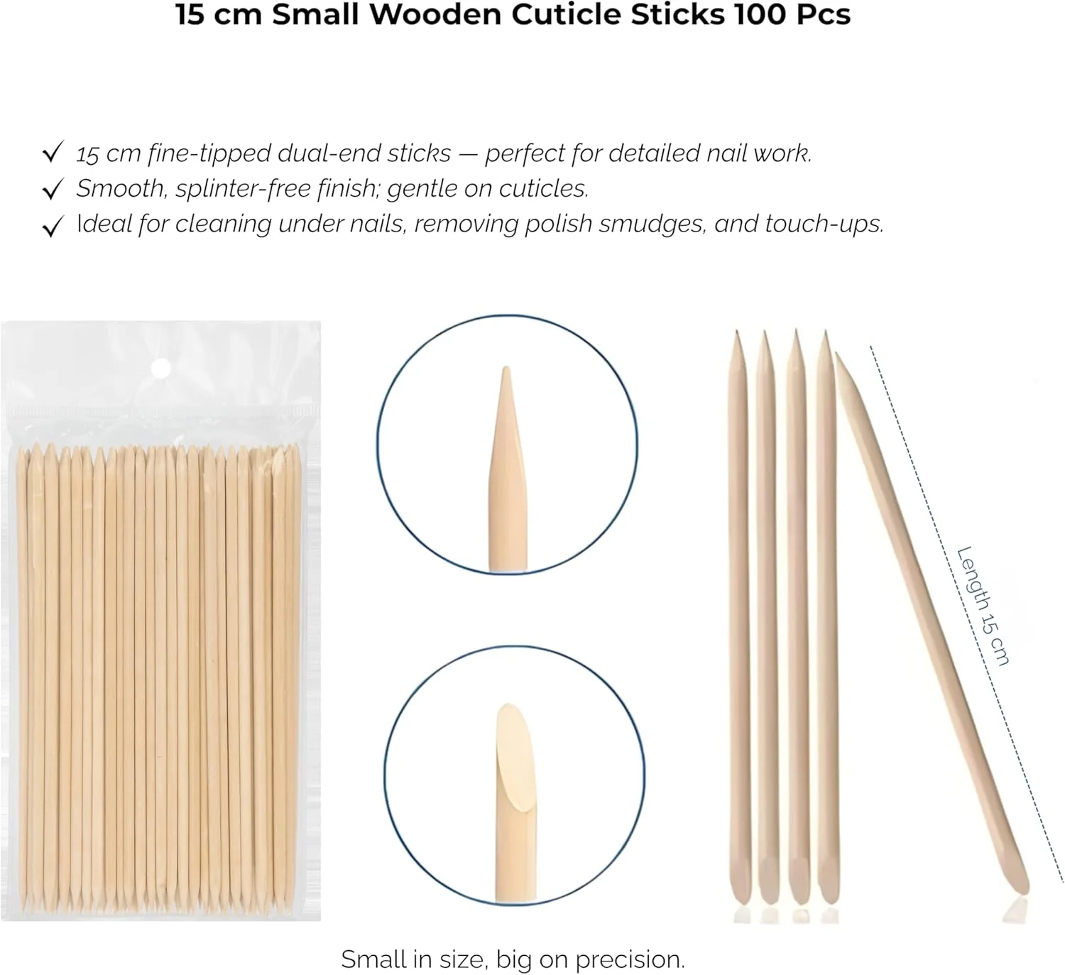 چوب عقب زن ناخن چوبی (100 عدد) - ابزارهای دو طرفه برای مراقبت از ناخن، تمیز کردن و اصلاح لاک - چوب پرتقالی صاف و بدون پرز برای استفاده در سالن و منزل (اندازه: 15 سانتی متر)