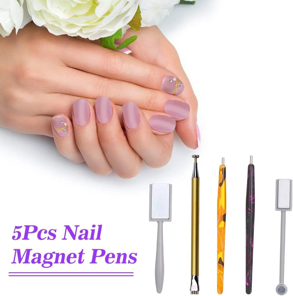 مجموعه ابزار مگنت ناخن پپیسکی 5 عددی با قلم های مگنت ناخن طرح گل دو سر و استیک مگنت قوی برای طراحی ناخن با لاک ژل چشم گربه ای