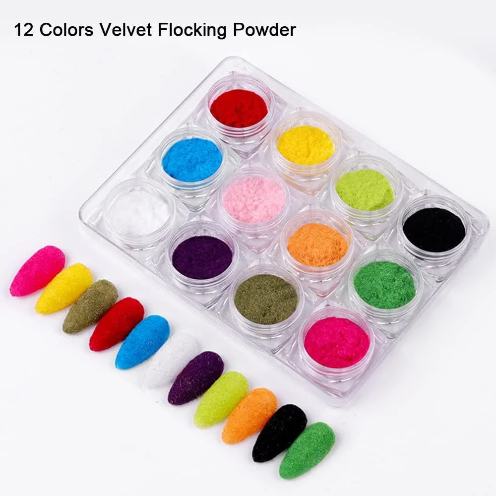 پودر مخملی تزئینی ناخن در ۱۲ رنگ / مجموعه، پودر پولیش اکلیلی مخملی ناخن، رنگدانه پودری هنر ناخن برای تزئین ناخن، نکات DIY