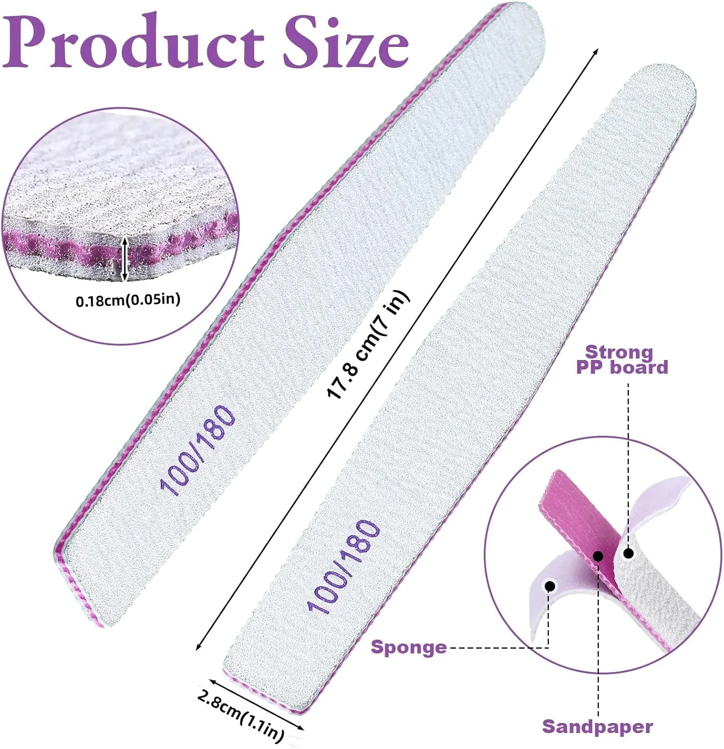 ۲۵ عدد سوهان ناخن دو طرفه با درجه زبری ۱۰۰/۱۸۰، مناسب برای ناخن های اکریلیک، ابزار حرفه ای مانیکور برای ناخن های طبیعی، اکریلیک، مناسب استفاده در منزل و سالن