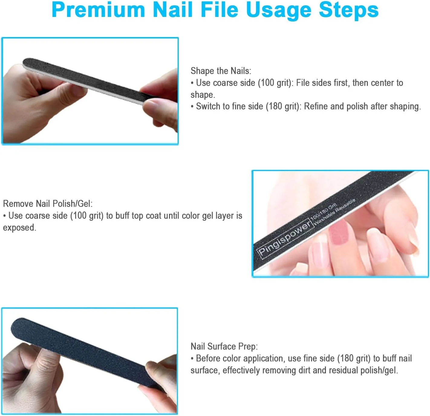 سوهان ناخن، 10 عدد سوهان ناخن حرفه ای سمباده ای با درجه زبری 100/180 برای ناخن های طبیعی و اکریلیک، دو طرفه، قابل شستشو و استفاده مجدد، کیت ابزار مانیکور برای زنان، مناسب منزل و مسافرت