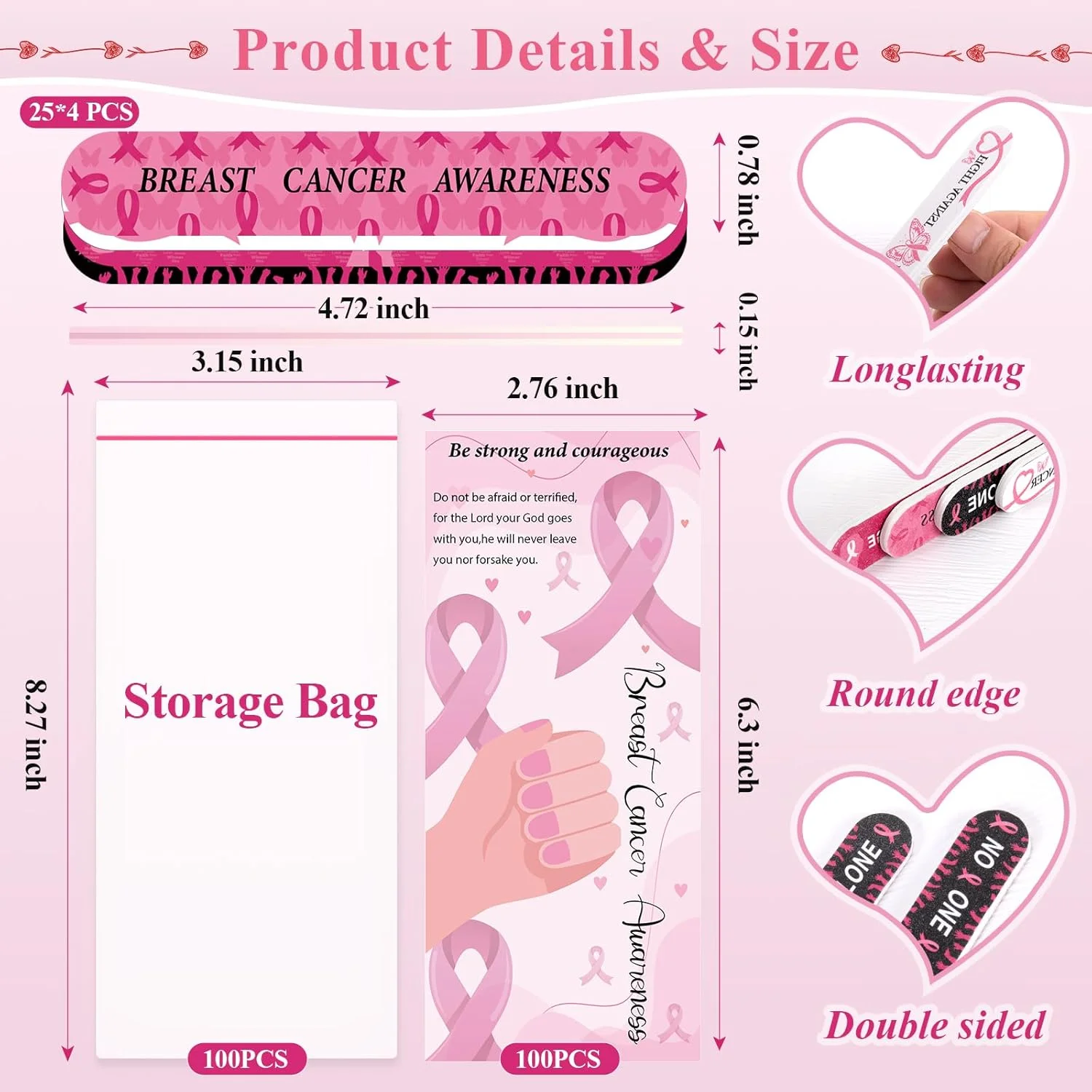 ۱۰۰ عدد سوهان ناخن رنگارنگ با طرح روبان صورتی، ابزار مانیکور عمده برای هدیه مهمانی بانوان (۱۰۰ عدد)