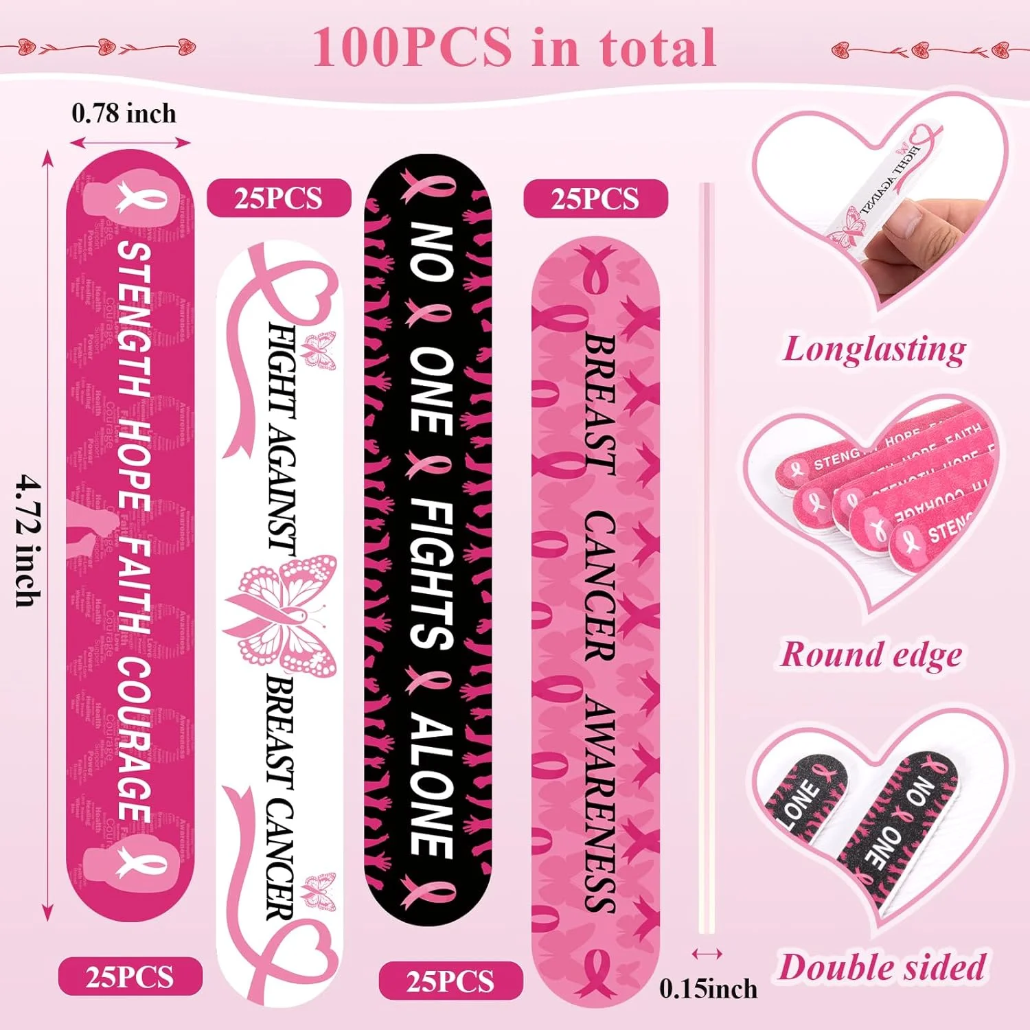 ۱۰۰ عدد سوهان ناخن رنگارنگ با طرح روبان صورتی، ابزار مانیکور عمده برای هدیه مهمانی بانوان (۱۰۰ عدد)