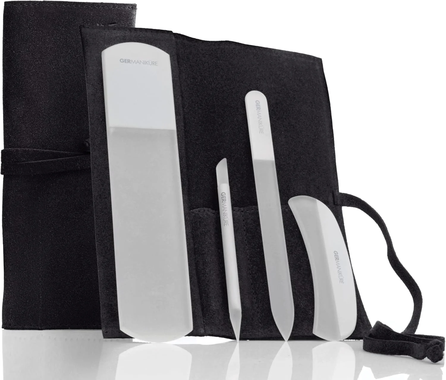 ست سوهان ناخن شیشه ای کریستالی اصل ۴ تکه GERmanikure (مشکی - رولی) - شامل سوهان ماه، مانیکور استیک، سوهان ناخن، سوهان پدیکور در کیف چرمی