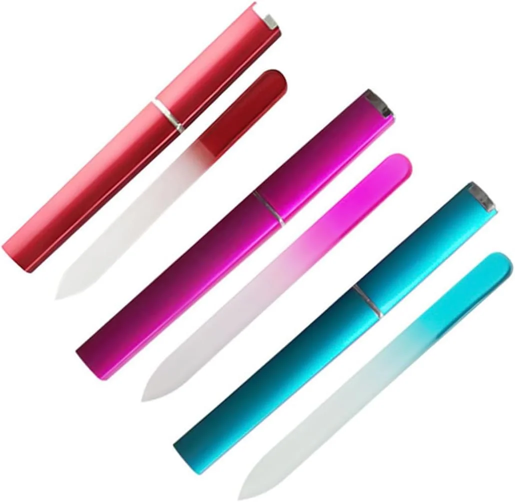 ۳ عدد سوهان ناخن شیشه ای با футляры - ابزار مراقبت از ناخن دو طرفه و بدون بو برای دست و پا بنفش آبی قرمز