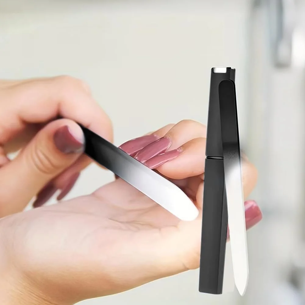 سوهان ناخن شیشه ای برای ناخن های طبیعی - 1 عدد سوهان ناخن کریستالی دو طرفه با کیف، مراقبت حرفه ای مانیکور برای خانم ها (مشکی)