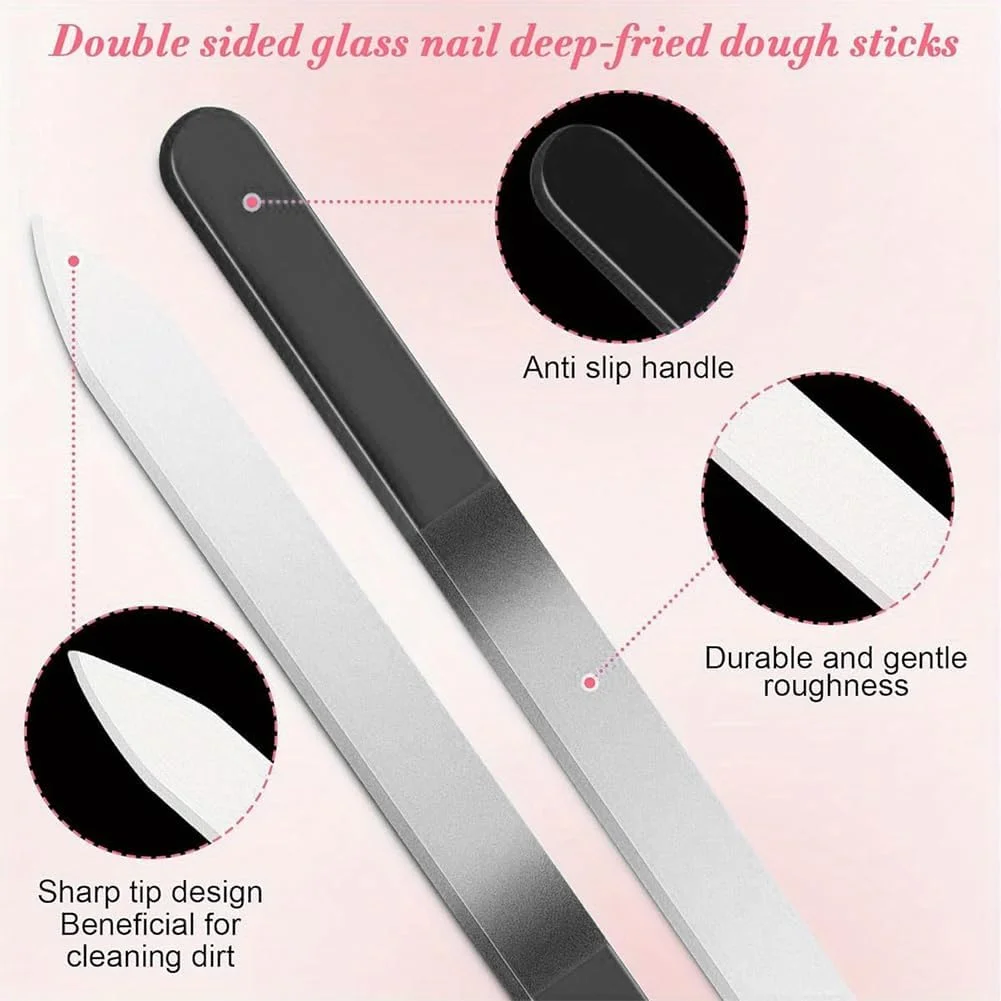 سوهان ناخن شیشه ای برای ناخن های طبیعی - 1 عدد سوهان ناخن کریستالی دو طرفه با کیف، مراقبت حرفه ای مانیکور برای خانم ها (مشکی)