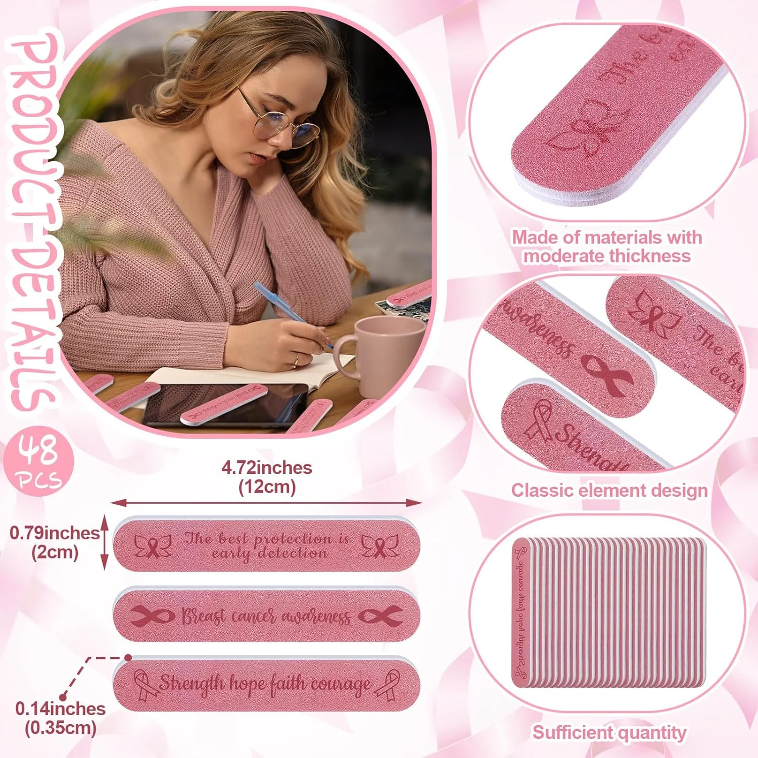 48 عدد سوهان ناخن دو طرفه با طرح روبان صورتی، ابزار مانیکور برای فعالیت های خیریه