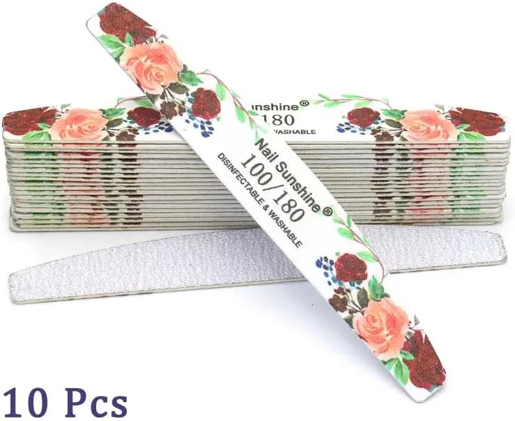 ۱۰ عدد سوهان ناخن حرفه ای، سمباده دو طرفه قابل استفاده مجدد (دانه بندی ۱۰۰/۱۸۰)، ابزار طراحی ناخن برای استفاده در منزل و سالن، هدیه کریسمس برای خانم ها، طرح گل قرمز شرابی