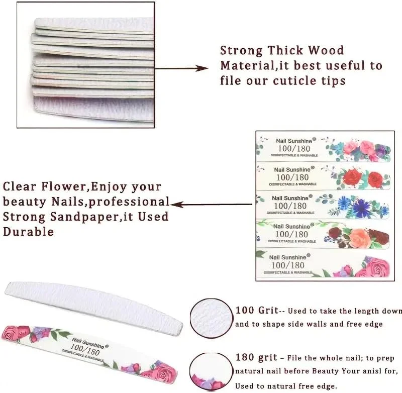 ۱۰ عدد سوهان ناخن حرفه ای، سمباده دو طرفه قابل استفاده مجدد (دانه بندی ۱۰۰/۱۸۰)، ابزار طراحی ناخن برای استفاده در منزل و سالن، هدیه کریسمس برای خانم ها، طرح گل قرمز شرابی