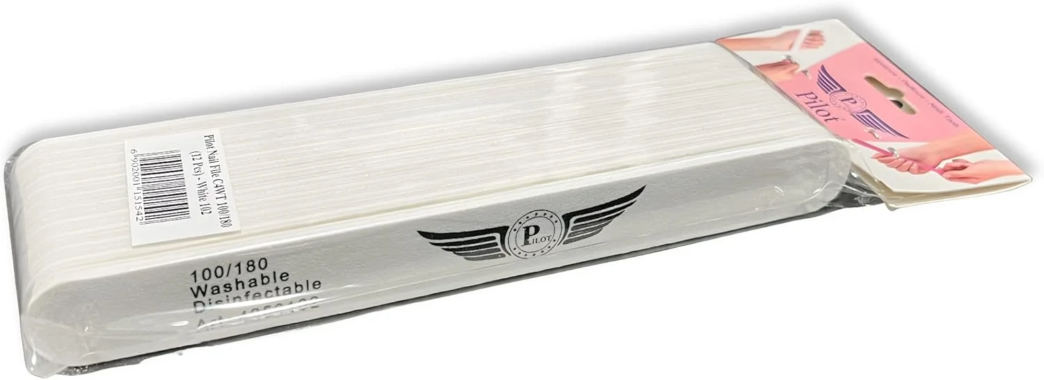 سوهان ناخن قابل شستشو PILOT Sunshine، درجه زبری 100/180، ست حرفه ای 12 عددی، ابزار مانیکور دو طرفه برای درخشان کردن ناخن ها، به ناخن های خود با لبه های صاف فرم دهید (C4WT WHITE 102)