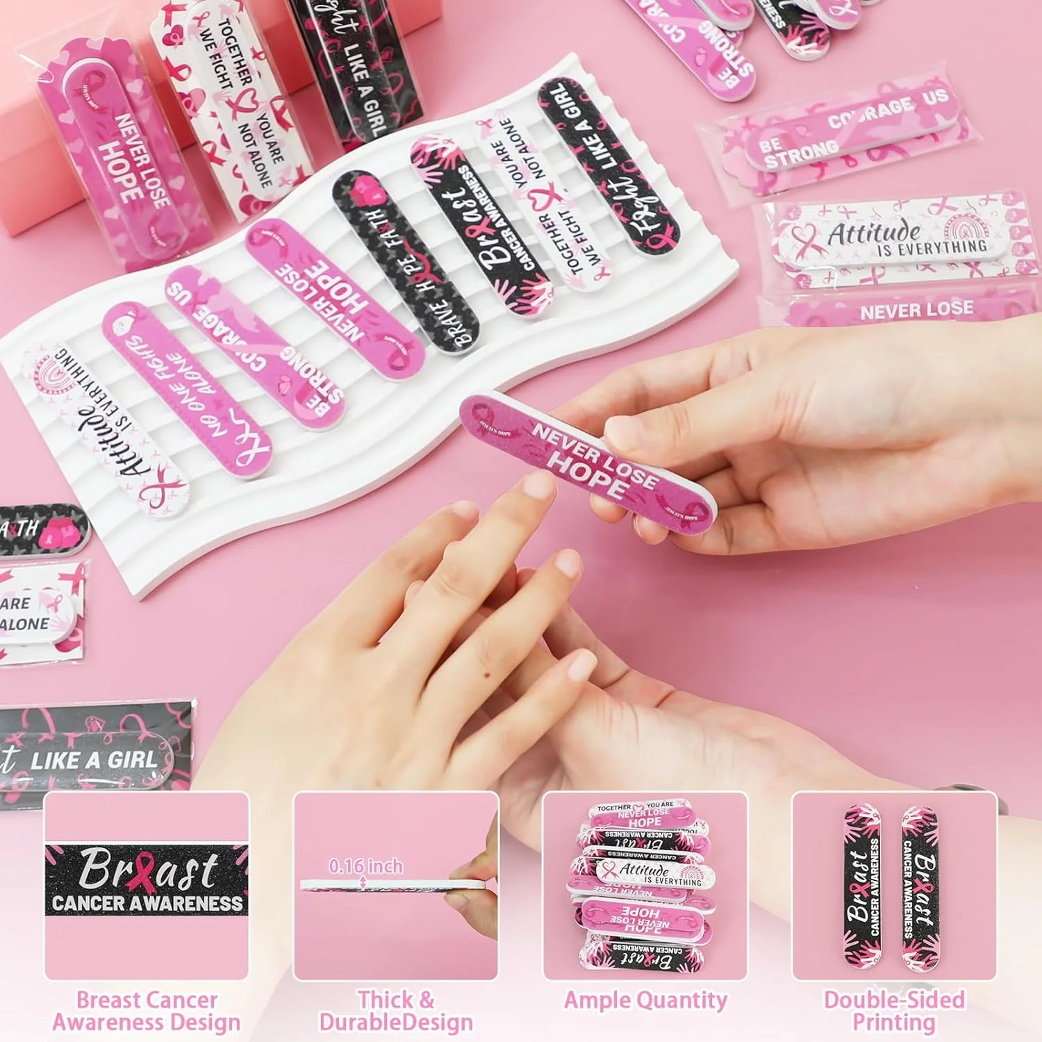 بسته 200 عددی لوازم جانبی آگاهی‌رسانی از سرطان سینه، سوهان ناخن، روبان صورتی، هدیه برای بانوان نجات‌یافته از سرطان سینه، هدیه مهمانی