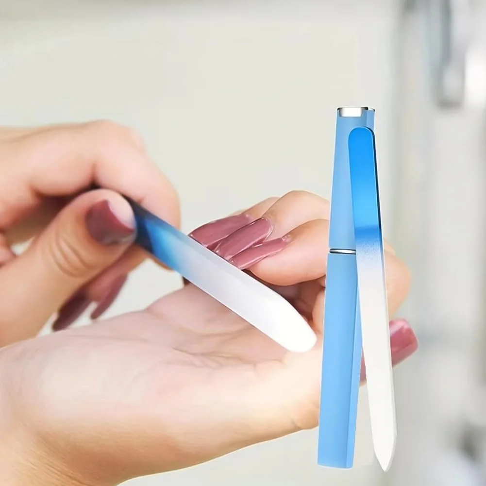 سوهان ناخن شیشه ای برای ناخن های طبیعی - 1 عدد سوهان ناخن کریستالی دو طرفه با کیف، مراقبت حرفه ای مانیکور برای بانوان (آبی)