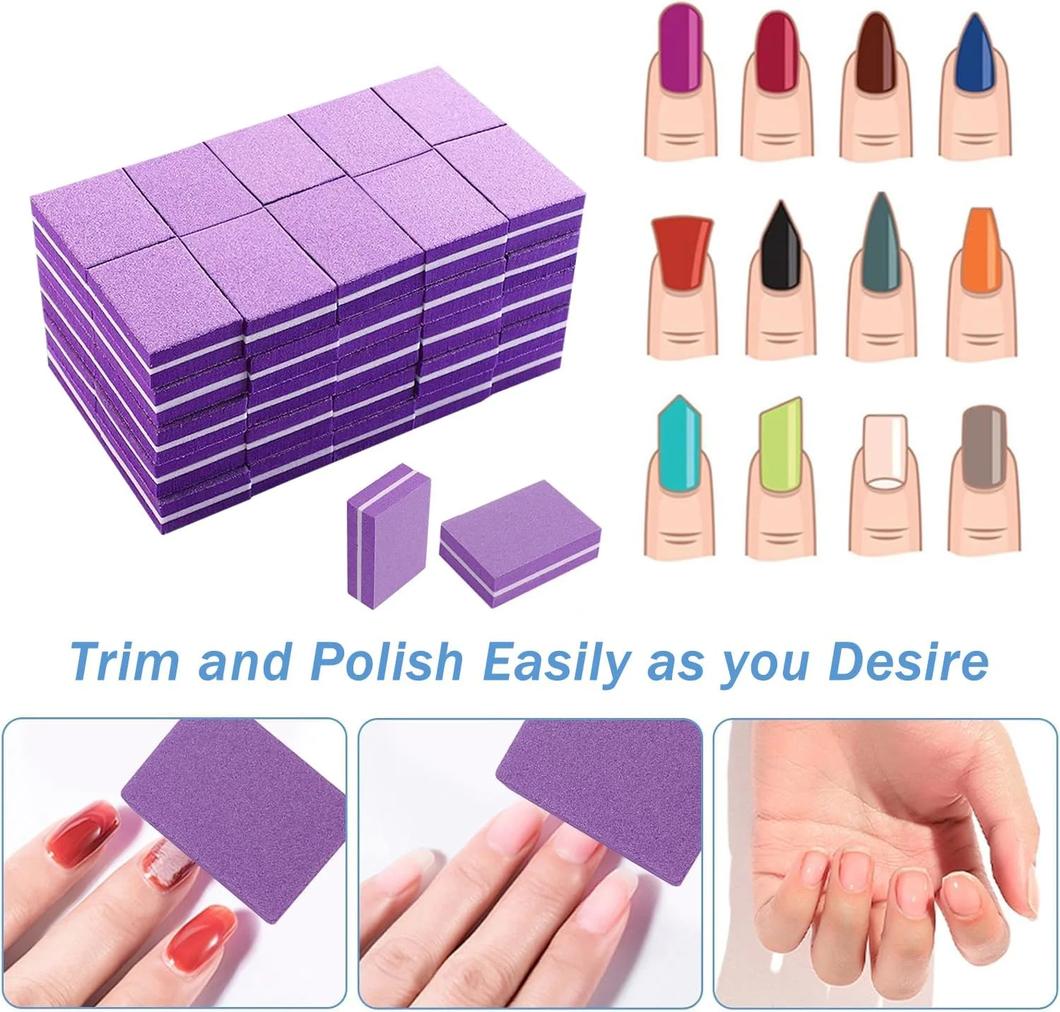بافر ناخن مینی، گریت 100/180 - سوهان ناخن حرفه ای و بلاک های بافر برای ناخن های طبیعی و اکریلیک، ابزار مانیکور پدیکور، بسته 50 عددی، بنفش