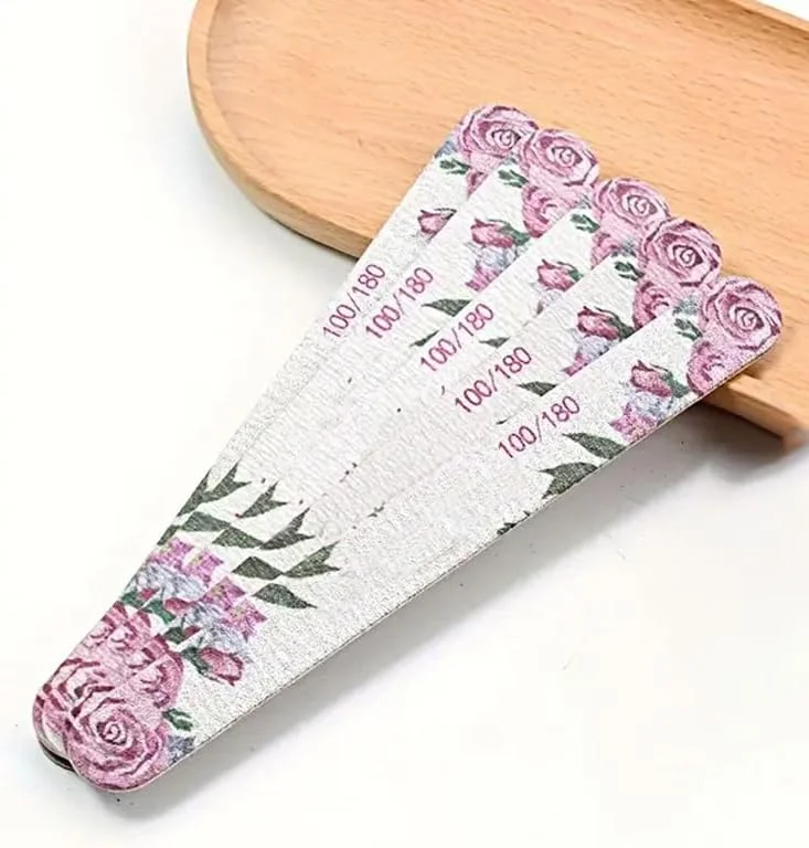 ۵ عدد سوهان ناخن طرح گل رز، سوهان سمباده ای دو طرفه مستقیم، بافر ناخن حرفه ای برای استفاده در منزل و سالن ناخن