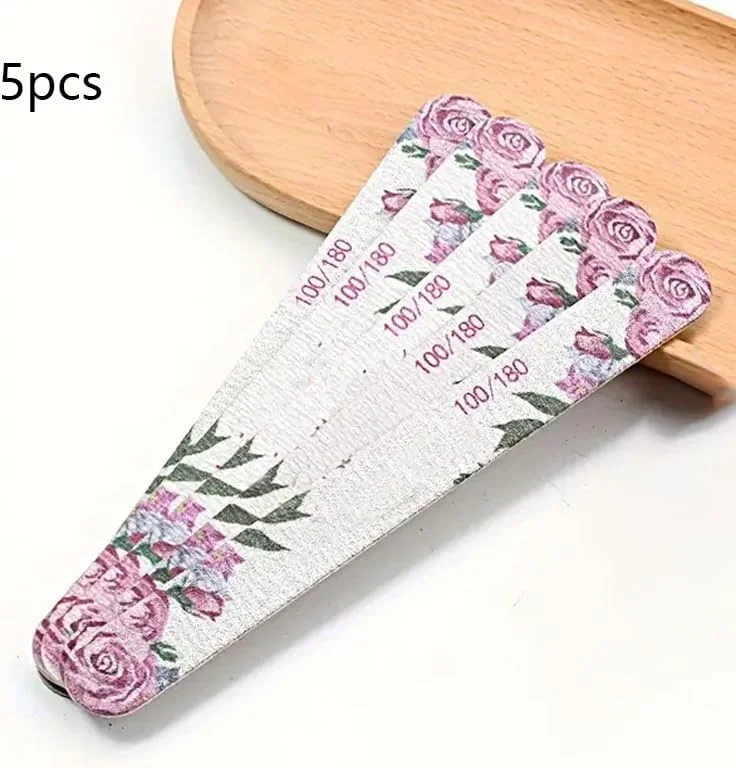 ۵ عدد سوهان ناخن طرح گل رز، سوهان سمباده ای دو طرفه مستقیم، بافر ناخن حرفه ای برای استفاده در منزل و سالن ناخن