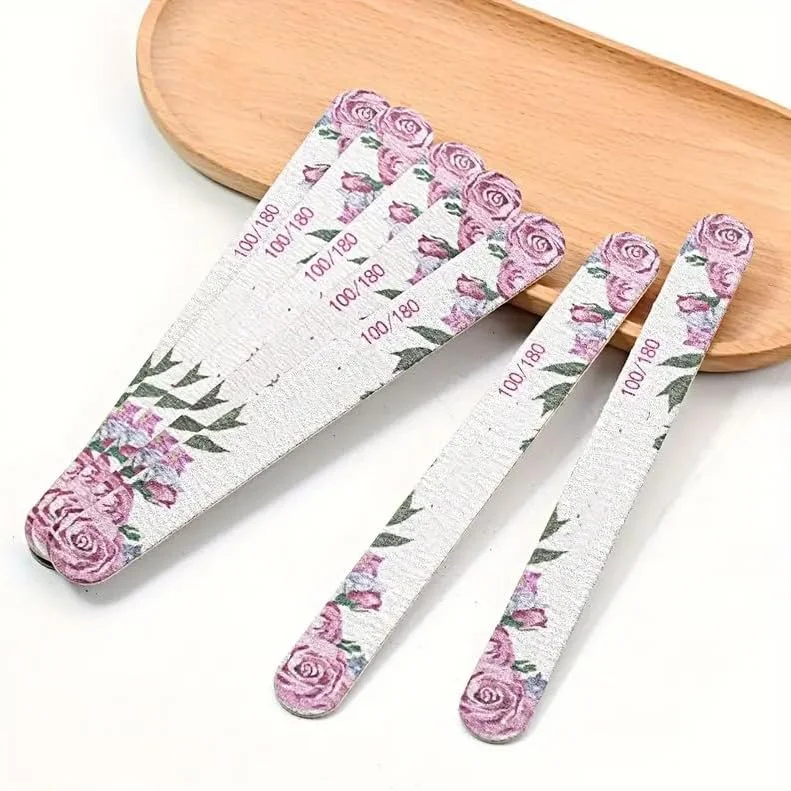 ۵ عدد سوهان ناخن طرح گل رز، سوهان سمباده ای دو طرفه مستقیم، بافر ناخن حرفه ای برای استفاده در منزل و سالن ناخن