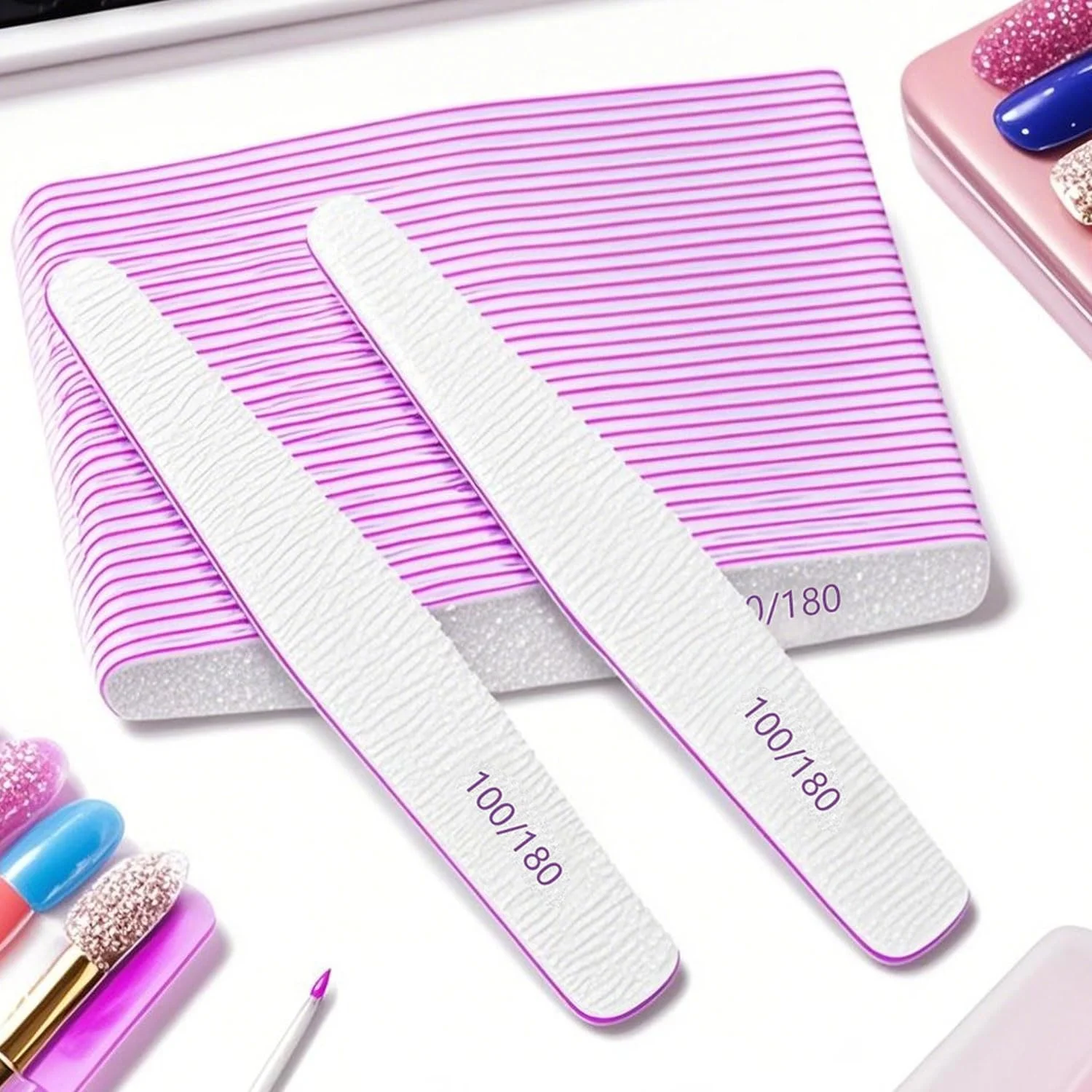 سوهان ناخن (۱۰ عدد) درجه زبری ۱۰۰/۱۸۰، سمباده دو طرفه برای ناخن های اکریلیک و ژل، سوهان ناخن قابل استفاده مجدد برای مانیکور خانگی و سالنی (لوزی)