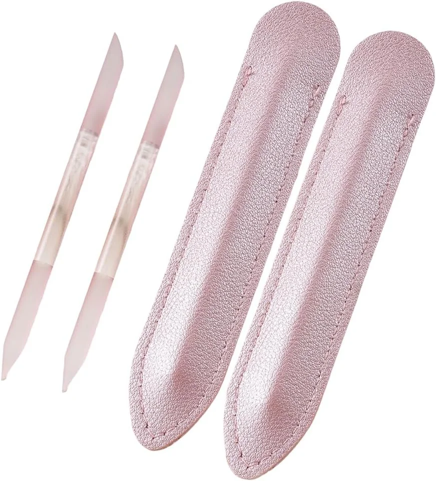 ست ۲ عددی ابزار از بین بردن پوست های اطراف ناخن شیشه ای، از بین برنده و مرتب کننده پوست های اطراف ناخن، چوب مانیکور شیشه ای دو طرفه با پوشش چرمی صورتی