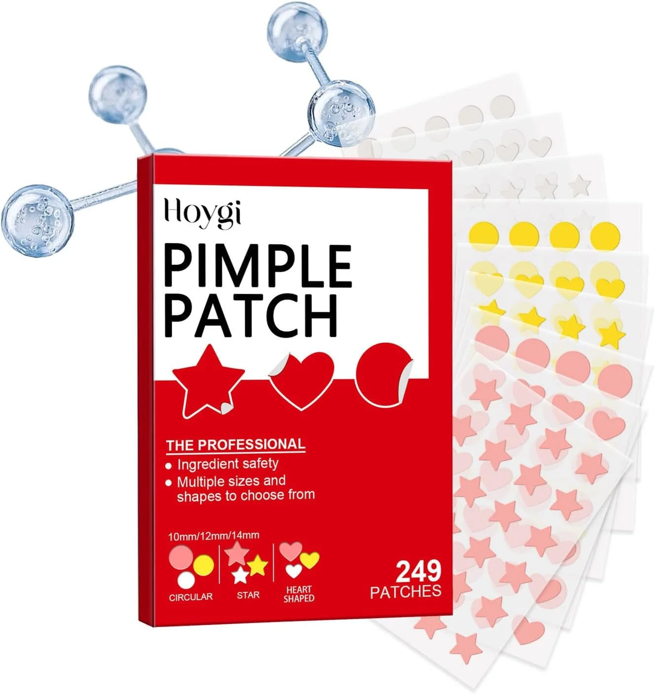 برچسب های جوش صورت، پچ های هیدروکلوئیدی جوش، استیکرهای پوشش دهنده جوش ستاره ای شکل زیبا برای صورت، استیکرهای نقطه ای حاوی روغن درخت چای، اسید سالیسیلیک و روغن سیکا | اشکال گرد، ستاره، هلویی، 249 عدد
