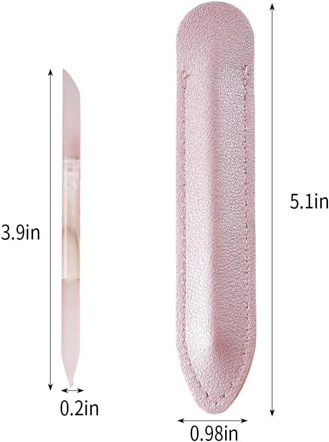 ست ۲ عددی ابزار از بین بردن پوست های اطراف ناخن شیشه ای، از بین برنده و مرتب کننده پوست های اطراف ناخن، چوب مانیکور شیشه ای دو طرفه با پوشش چرمی صورتی