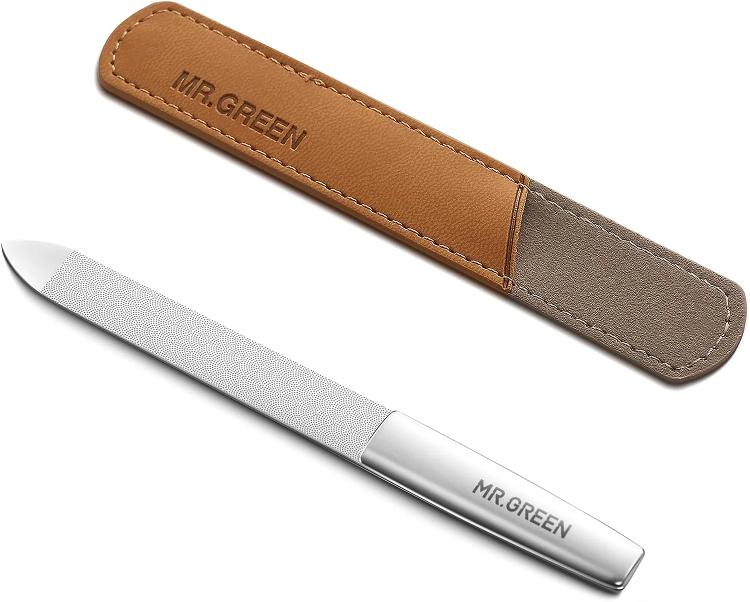 سوهان ناخن دو طرفه حرفه ای MR.GREEN از جنس استیل ضد زنگ با دسته ضد لغزش و کیف چرمی، سوهان ناخن نوک تیز قابل شستشو، نقره ای