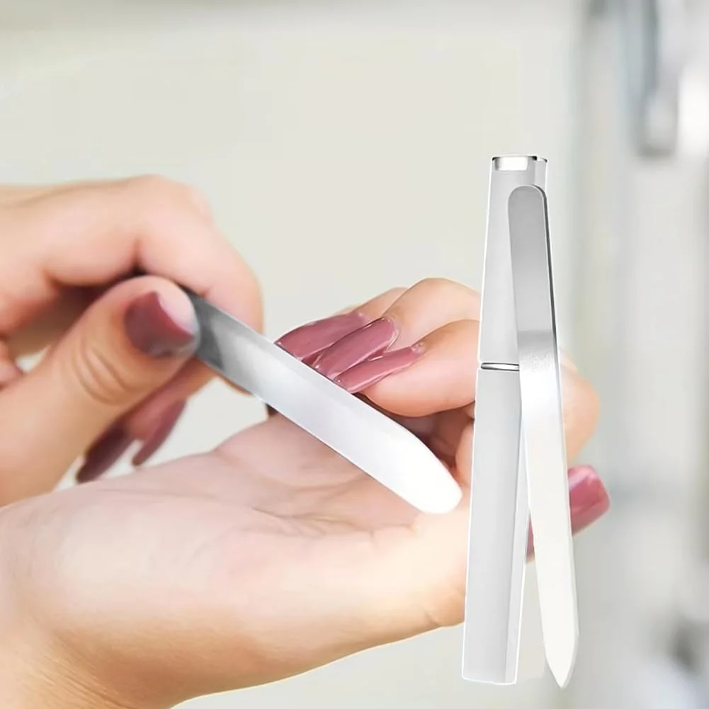 سوهان ناخن شیشه ای برای ناخن های طبیعی - 1 عدد سوهان ناخن کریستالی دو طرفه با کیف، مراقبت حرفه ای مانیکور برای خانم ها (نقره ای)