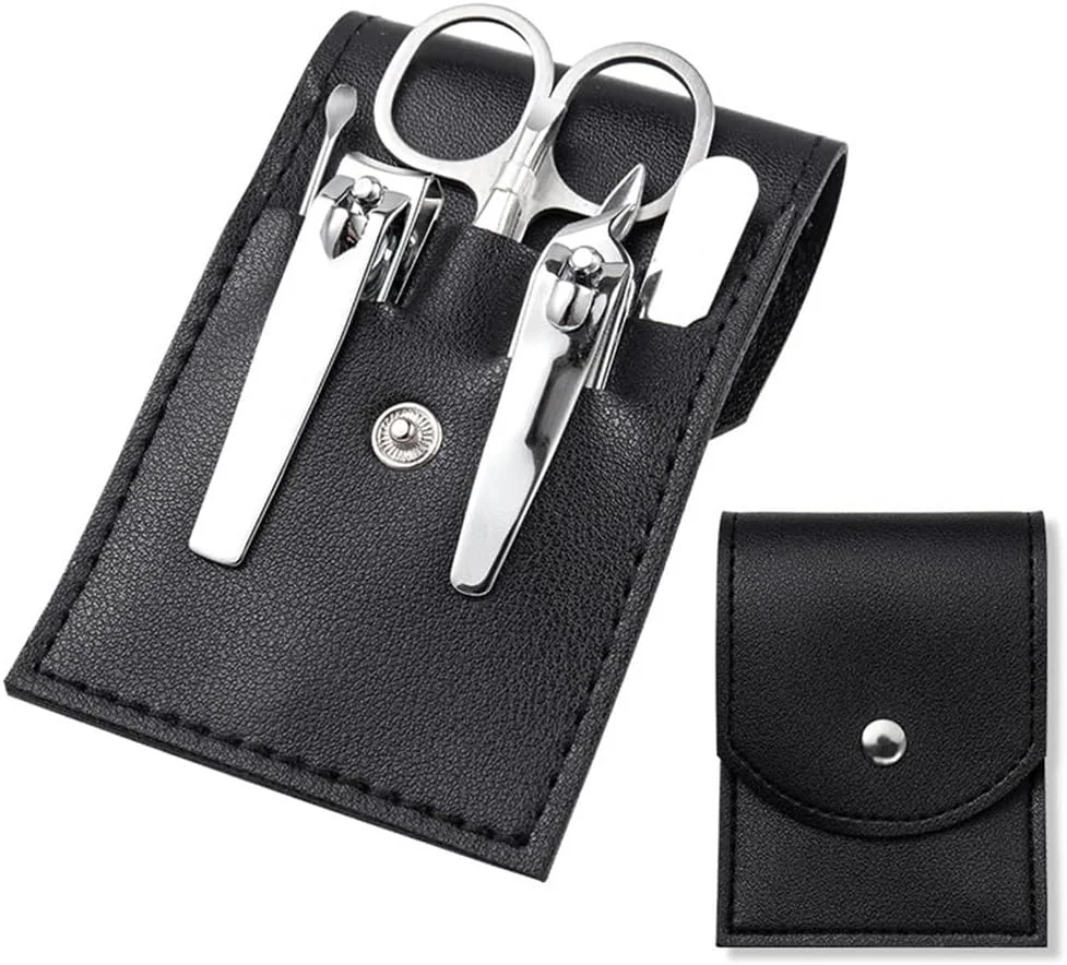 ست مانیکور، ست مسافرتی ناخن ۷ در ۱، قیچی ناخن مسافرتی حرفه ای با کیف چرمی مشکی، قیچی استیل ضد زنگ، ابزار پدیکور، ست پیرایش برای زنان و مردان