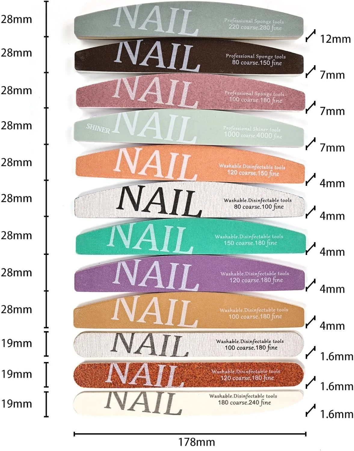 مجموعه کامل ۱۲ عددی سوهان و بافر ناخن، سمباده های با کیفیت عالی قابل شستشو، بادوام برای شکل دادن و صاف کردن انواع ناخن برای استفاده در منزل و سالن